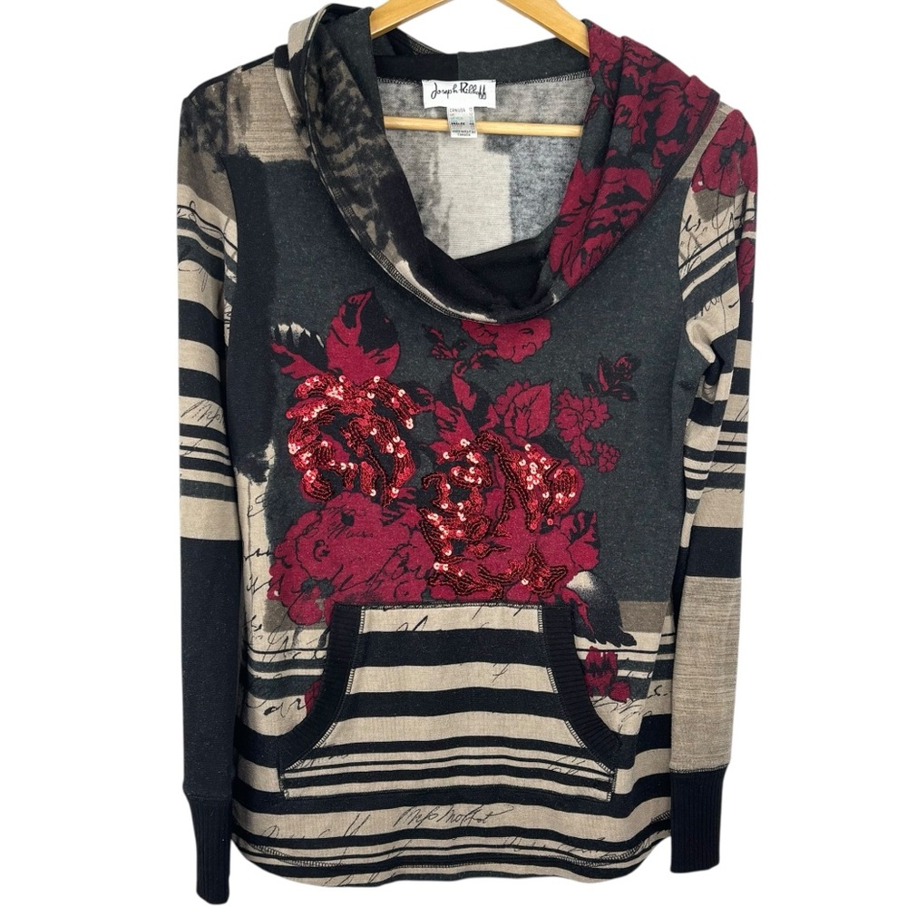 VTG 90’s Joseph Ribkoff Striped Cowl Neck Hooded Floral Sequin Print Hoodie 10